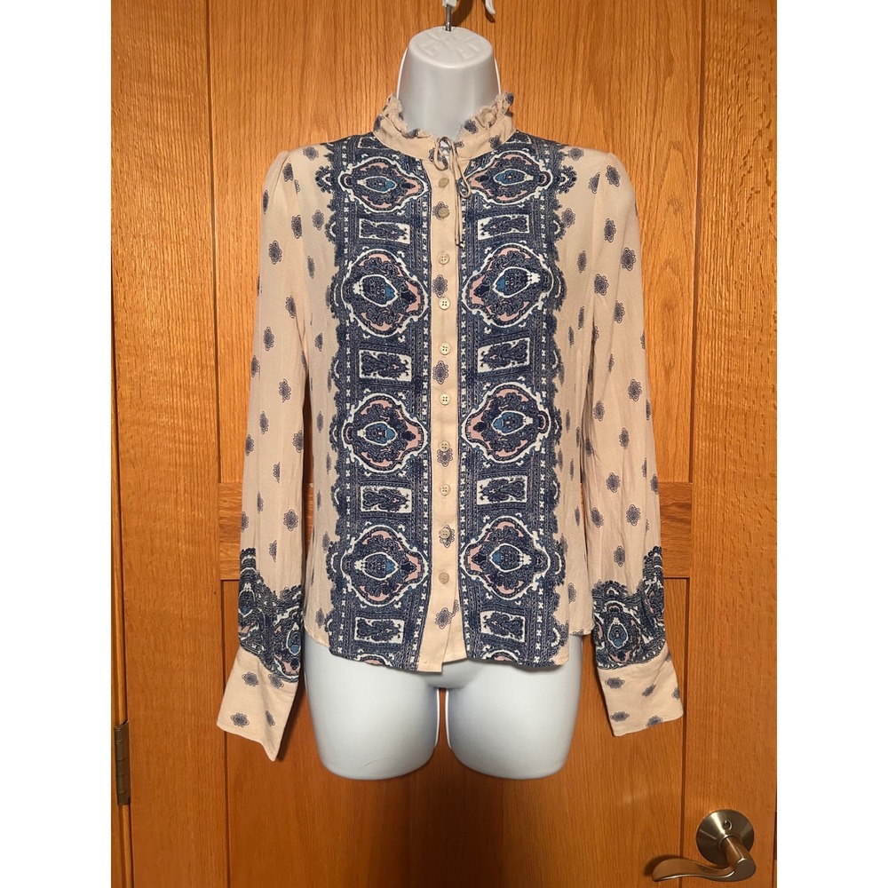 Free People Wishing Well Paisley Medallion Ruffle Neck Button Top Cream Blue XS